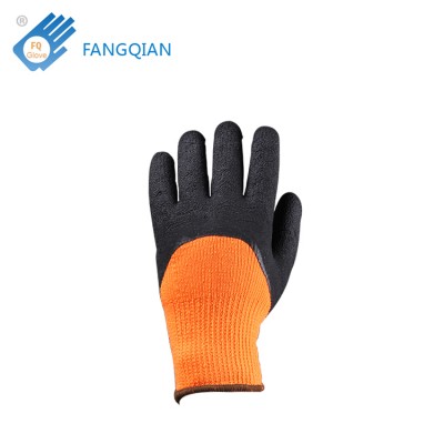 Fluorescent Orange Crinkled Latex Coated Knitted Winter Gloves