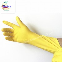 Household Flock Lined Yellow Latex Gloves 12" Length With Rolled Cuff